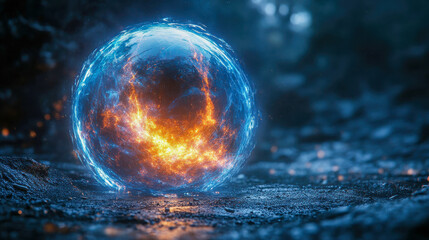 Poster - A futuristic, glowing sphere with blue and orange energy swirls on a dark background