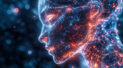 Poster - Profile view of a futuristic humanoid face made of digital particles and circuits, illuminated in neon blue and orange light