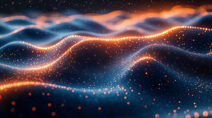 Poster - Abstract digital waves with glowing particles in blue and orange, evoking a futuristic landscape or data flow