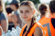 © Alina - Young volunteer in reflective vest smiles while helping at a community water distribution event