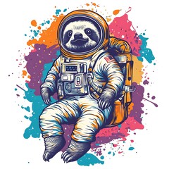Poster - A sloth wearing an astronaut suit against a colorful splattered background.