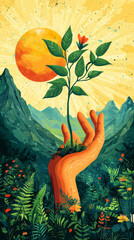 Wall Mural - vibrant illustration of hand holding young plant, symbolizing growth and nature. background features mountains, bright sun, and lush greenery, evoking sense of harmony