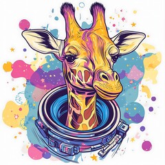 Poster - Smiling giraffe astronaut in space.