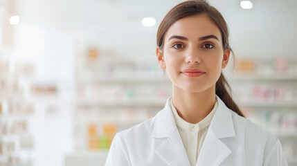 Wall Mural - Smiling female pharmacist standing in pharmacy with shelves of medicine in background