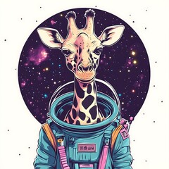 Poster - A giraffe wearing an astronaut suit with stars and a nebula in the background.