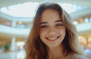 Wall Mural - Portrait of an attractive young woman, smiling happily in a modern shopping mall.