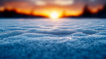 Wall Mural - a close up of a snow covered field with the sun setting in the background