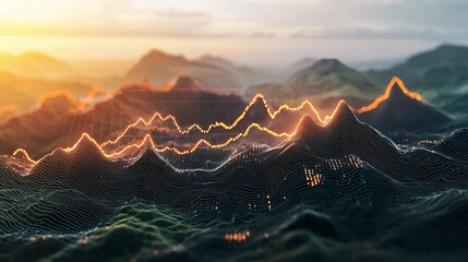 Sticker - Abstract Dynamic Data Landscape with Glowing Peaks and Troughs Representing Market Trends and Analytics