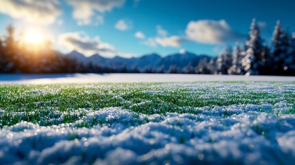 Wall Mural - A field of snow covered grass with the sun setting in the background