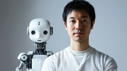 Poster - Asian scientist develops innovative robotic prototype showcasing cutting-edge technology on silver gray background