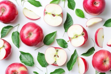 Wall Mural - Vibrant red apple halves surrounded by fresh green leaves on a clean white background