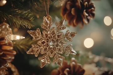 Wall Mural - Golden snowflake ornament on christmas tree with glowing lights and pinecones