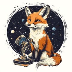 Poster - A cute fox looks through a telescope at a starry night sky.
