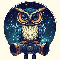 Poster - Owl with binoculars looking at the stars.