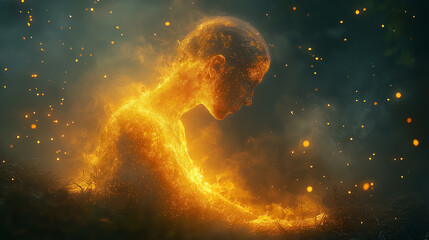 Wall Mural - A man on fire is shining a hologram is burning