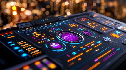 Poster - Smart City Control Panel, a futuristic interface displaying real-time data, urban monitoring, interactive maps, and seamless connectivity features.