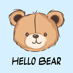 a cute brown bear with big ears smiles at the camera, with the words hello bear written below it
