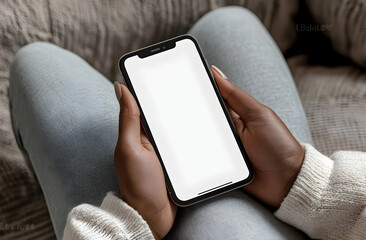 Poster - Close-up of a hand holding a smartphone with a blank screen. The phone is held in a relaxed position, with the person's fingers visible.