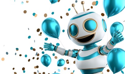 Poster - Vibrant Festival Robot, A lively 3D robot adorned with colorful decorations, embodying the spirit of celebration and joy in a festive atmosphere.