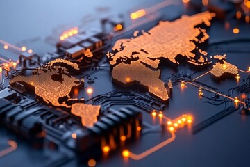 Poster - 3D-rendered illustration of a network grid over a world map, showing high-tech, glowing connections