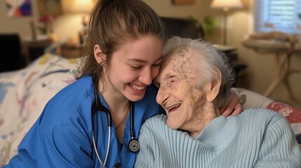 Wall Mural - A home health care worker assists an elderly woman in her home / hospice care
