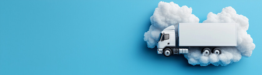 Poster - Truck transportation concept. white truck floating in dreamy cloud like environment, evoking serenity