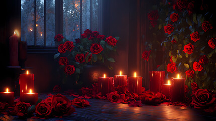 Poster - Generative ai illustration of romantic interior with red burning candles and roses. Romantic. Illustration