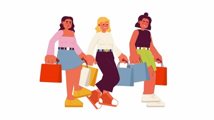 Poster - Shopping with friends cartoon animation. Sale season purchases 4K video motion graphic. Positive multiracial woman walking with paper bags animated 2D characters isolated on white background