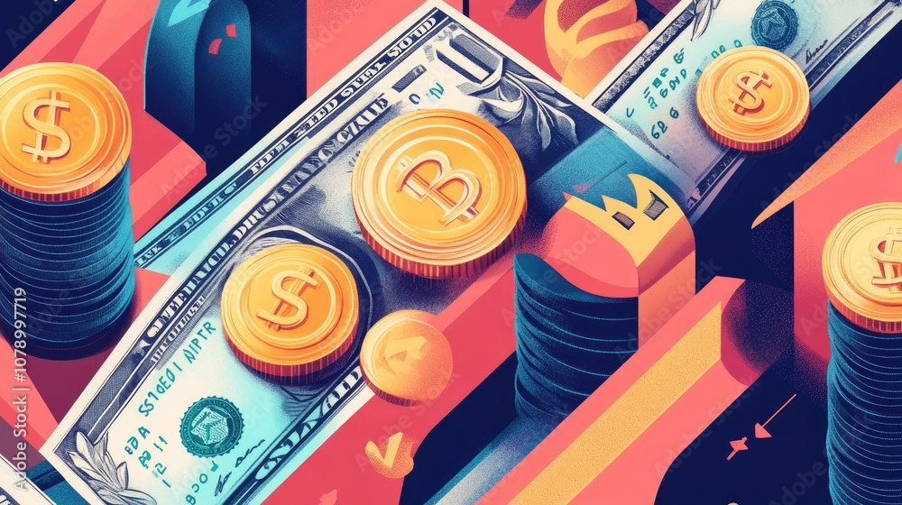 Investment symbols, including dollar bills and gold coins Stock ...