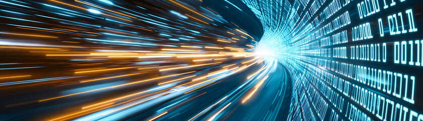 Poster - Truck transportation concept. Digital tunnel with light streaks and binary code, conveying speed