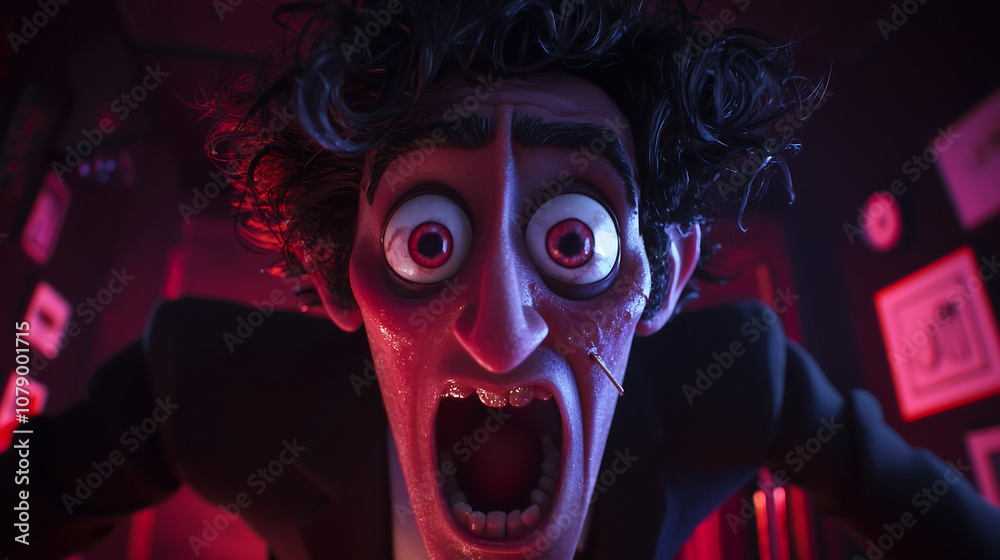 closeup of an animated character with wide eyes and an open mouth ...