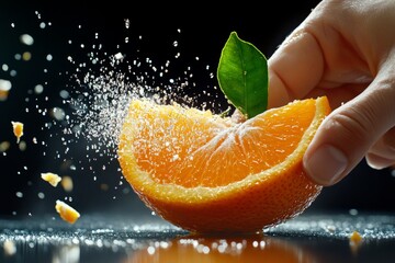 Poster - An orange section being squeezed, with juice droplets in the air, showing freshness