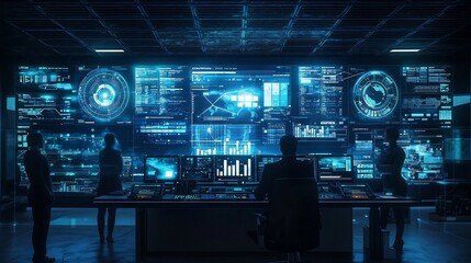 Poster - futuristic marketing control room with holographic screens displaying real time ai driven analytics 