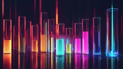 Poster - glowing liquid cylinders forming dynamic data visualization bar graph