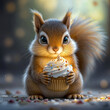 © driftwood - A cute squirrel holds a birthday cupcake topped with swirled frosting and sprinkles gazing intently with bright eyes