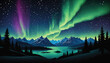 The Northern Lights dance over a serene lake and mountain range, creating a breathtaking spectacle