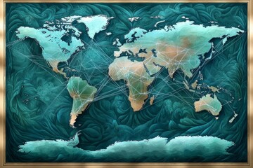 Poster - Watercolor of a global network map with lines connecting continents, using soft blues and greens