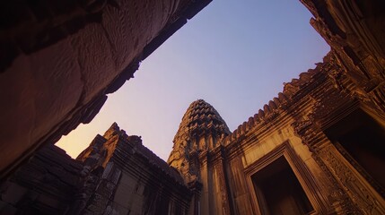 Low angle view of ancient temple with intricate carvings against a clear blue sky.