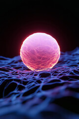 Poster - A vivid, glowing sphere surrounded by intricate, blue lines. This captivating image blends scientific and artistic elements, illustrating the beauty of particles in a dark, abstract environment.
