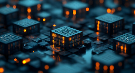 3D render of computer code warehouses on a blue background for software development
