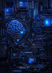 Poster - A stunning digital representation of a brain seamlessly integrated into a high-tech circuit board, symbolizing the convergence of human intelligence and advanced technology.