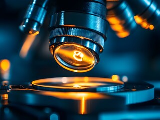 Aufkleber - Close-Up View of a Modern Microscope Lens Illuminated by Warm Light, Showcasing Precision in Scientific Research and Exploration of Tiny Worlds in a Laboratory Environment