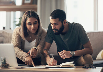 Wall Mural - Home, couple and reading document on sofa for house insurance and life cover options. Apartment, people and smile on discussion with writing notes on couch in living room for loan or mortgage deals