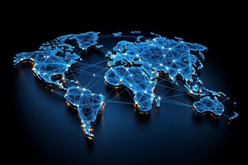 Poster - 3D-rendered illustration of a network grid over a world map, showing high-tech, glowing connections