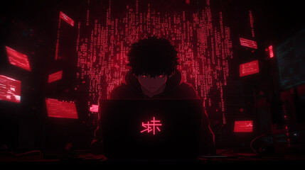 silhouette of a cyberpunk hacker wearing a hoodie staring intently at a laptop screen with a red glowing kanji symbol surrounded by digital code and screens in a dark red setting