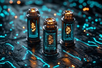 Aufkleber - A high-tech laboratory with glowing oil samples in digital containers, symbolizing futuristic scientific research