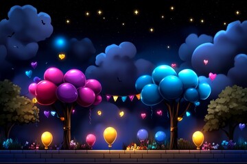 Poster - A pixel art party scene with tiny characters dancing, colorful balloons, and confetti, styled like a retro video game