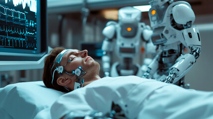 The middle aged man lying on the operation table, men’s body is connected to hospital computer, two robots doctors stands behind him.