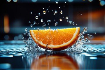 Poster - An orange section being squeezed, with juice droplets in the air, showing freshness