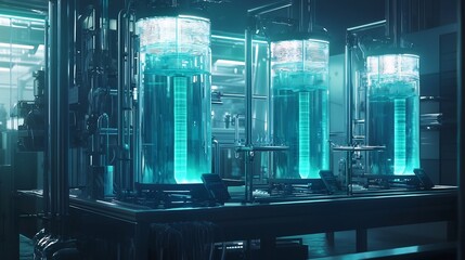 Poster - futuristic biofactory producing sustainable synthetic materials